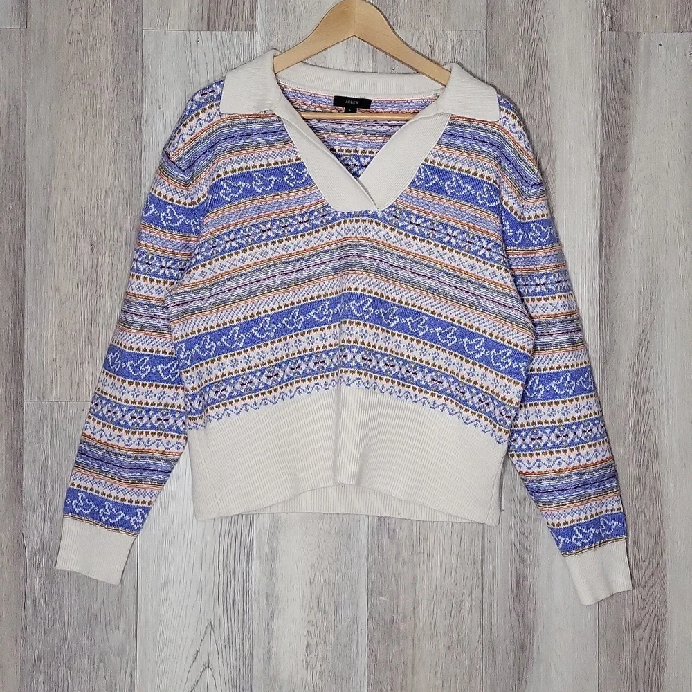 J Crew Womens L Knit Sweater‎ Lambs Wool Blend Fair Isle Collared Preppy